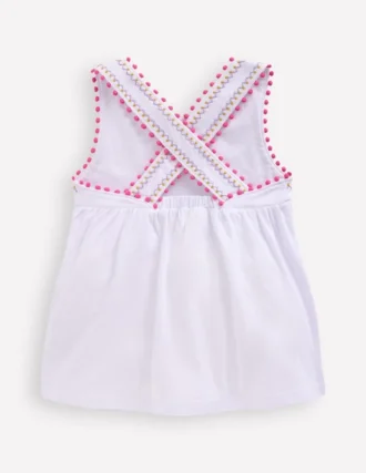 Cross-Back Pom Trim Top White