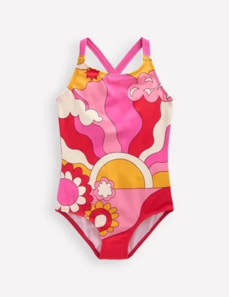 Cross-Back Printed Swimsuit Cinnamon Red Sixties Sunrise