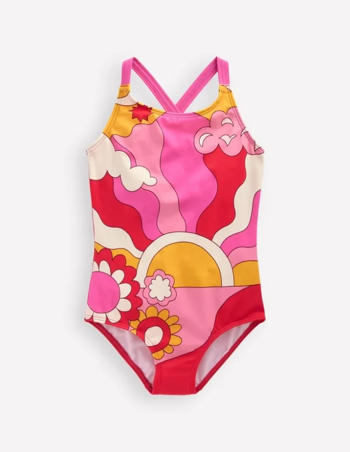 Cross-Back Printed Swimsuit Cinnamon Red Sixties Sunrise