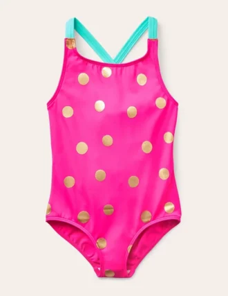 Cross-Back Printed Swimsuit Fuchsia Pink Foil Spot