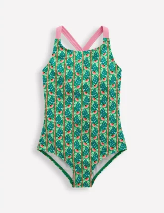 Cross-Back Printed Swimsuit Green Floral Vine