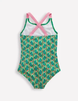 Cross-Back Printed Swimsuit Green Floral Vine