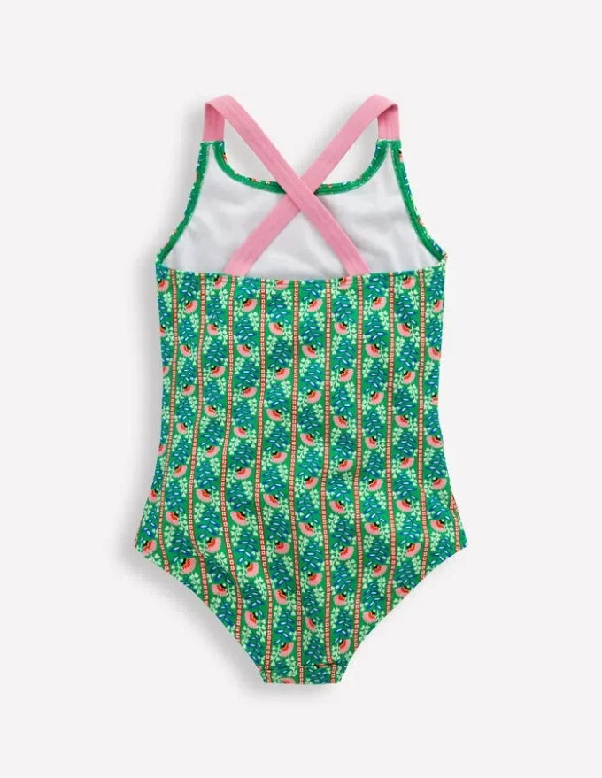 Cross-Back Printed Swimsuit Green Floral Vine