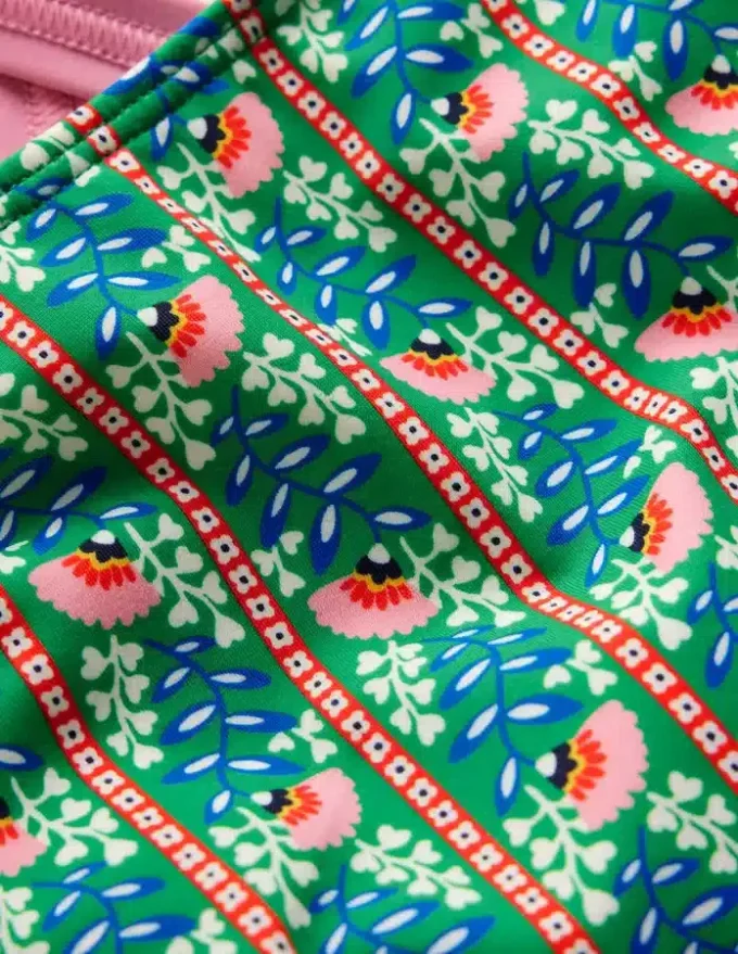 Cross-Back Printed Swimsuit Green Floral Vine