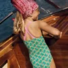 Cross-Back Printed Swimsuit Green Floral Vine