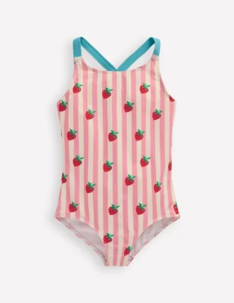 Cross-Back Printed Swimsuit Pink Strawberry Stripe