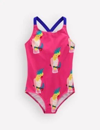Cross-Back Printed Swimsuit Pink Tropical Bird