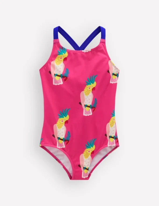 Cross-Back Printed Swimsuit Pink Tropical Bird