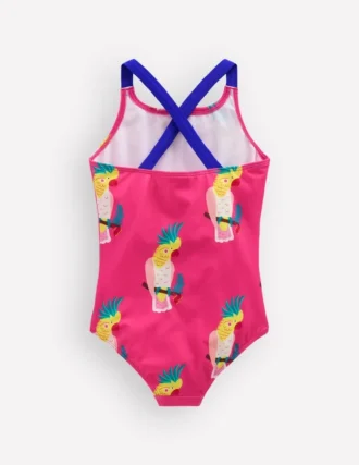 Cross-Back Printed Swimsuit Pink Tropical Bird