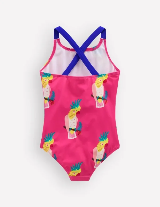 Cross-Back Printed Swimsuit Pink Tropical Bird
