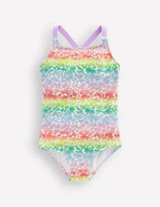 Cross-Back Printed Swimsuit Rainbow Ombre Flowerbed