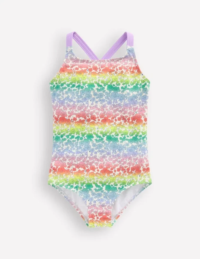 Cross-Back Printed Swimsuit Rainbow Ombre Flowerbed