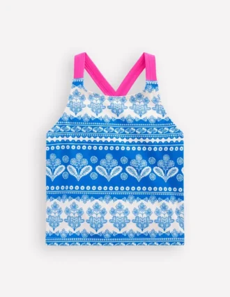 Cross-Back Tankini Top Azure Blue Woodblock