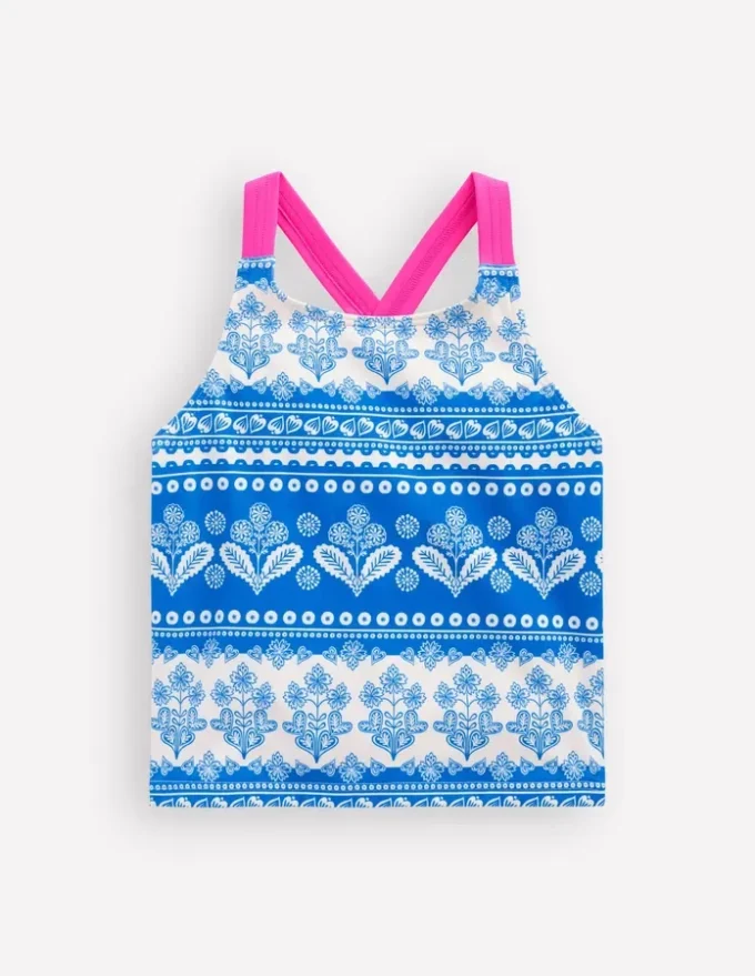 Cross-Back Tankini Top Azure Blue Woodblock Cross-Back Tankini Top Azure Blue Woodblock