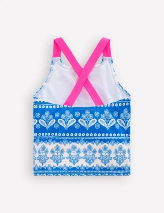 Cross-Back Tankini Top Azure Blue Woodblock
