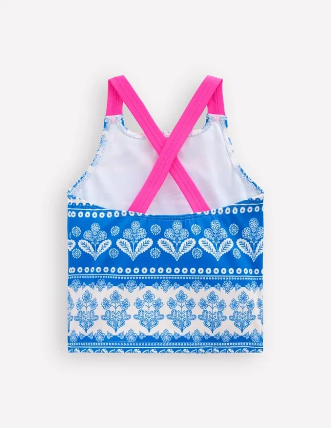 Cross-Back Tankini Top Azure Blue Woodblock Cross-Back Tankini Top Azure Blue Woodblock