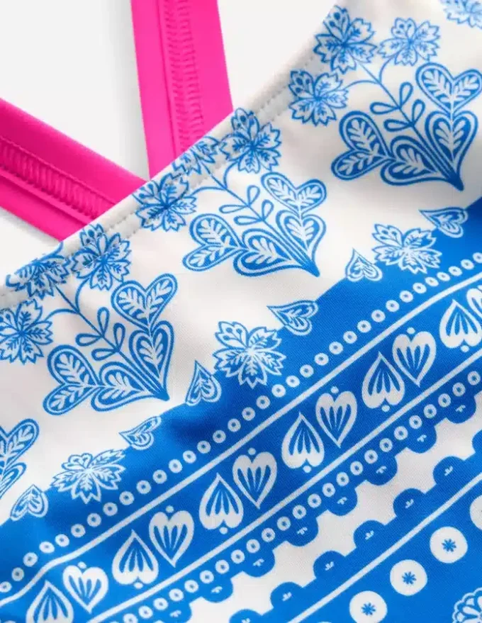 Cross-Back Tankini Top Azure Blue Woodblock Cross-Back Tankini Top Azure Blue Woodblock