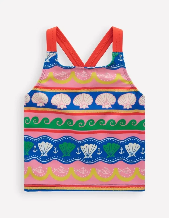 Cross-Back Tankini Top Multi Sea Shell Stripe