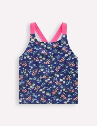 Cross-Back Tankini Top Sapphire Blue Meadow Floral