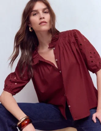 Cutwork Puff Sleeve Top Russet