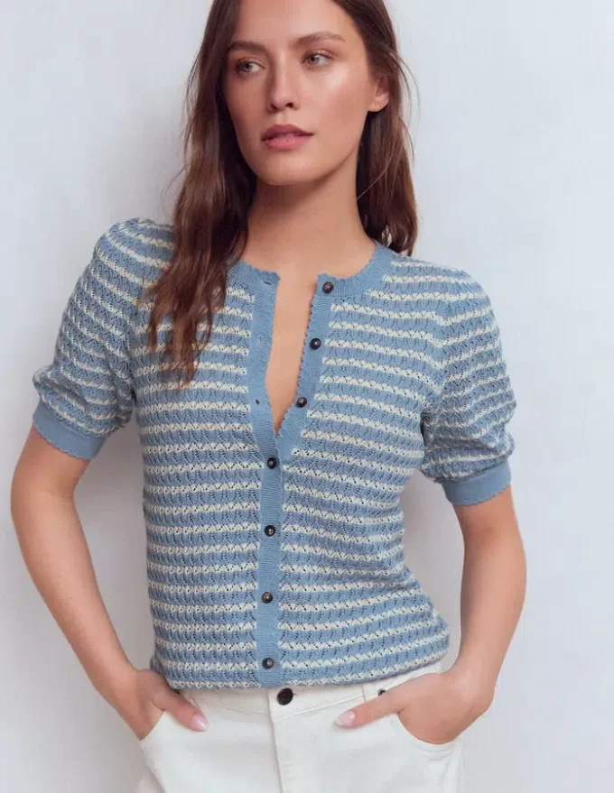 Dot Pointelle Cardigan Blue Stripe Dot Pointelle Cardigan Blue Stripe