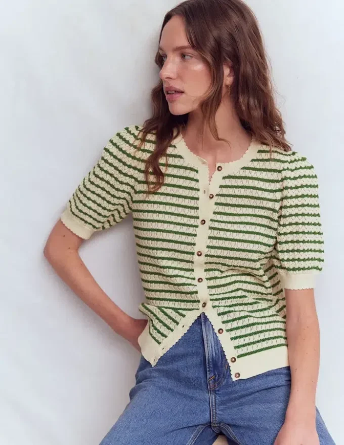 Dot Pointelle Cardigan Green Stripe Dot Pointelle Cardigan Green Stripe