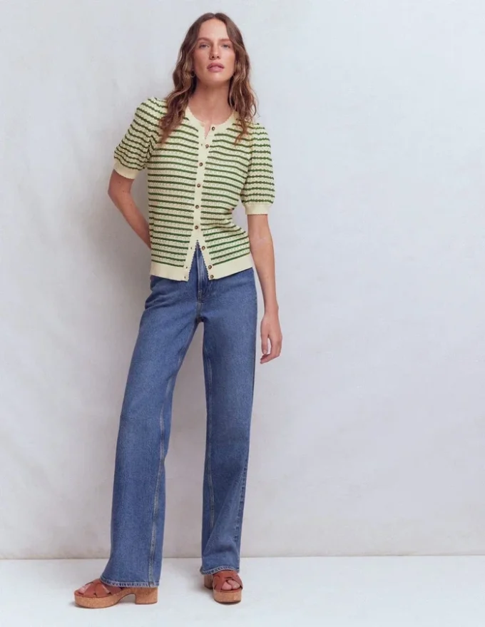 Dot Pointelle Cardigan Green Stripe Dot Pointelle Cardigan Green Stripe