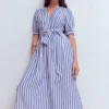 Double Cloth Puff Sleeve Dress Blue Ivory Stripe Double Cloth Puff Sleeve Dress Blue Ivory Stripe