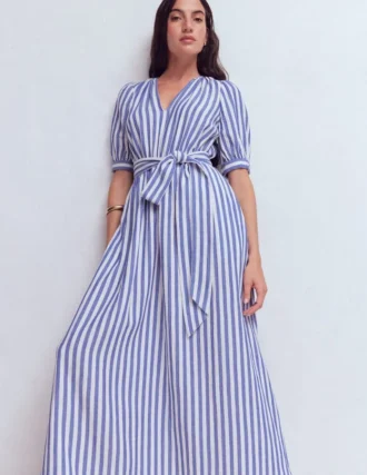 Double Cloth Puff Sleeve Dress Blue Ivory Stripe