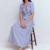 Double Cloth Puff Sleeve Dress Blue Ivory Stripe Double Cloth Puff Sleeve Dress Blue Ivory Stripe