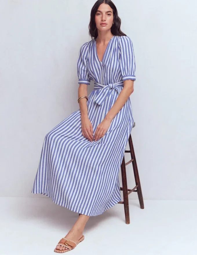 Double Cloth Puff Sleeve Dress Blue Ivory Stripe Double Cloth Puff Sleeve Dress Blue Ivory Stripe