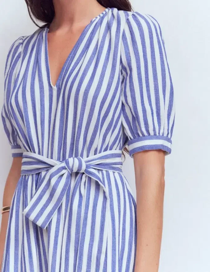 Double Cloth Puff Sleeve Dress Blue Ivory Stripe Double Cloth Puff Sleeve Dress Blue Ivory Stripe