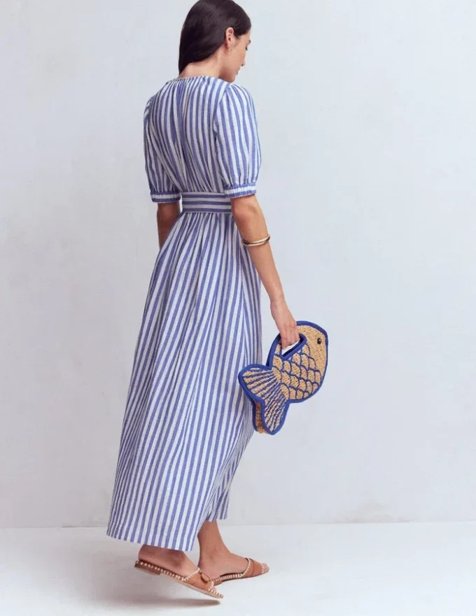 Double Cloth Puff Sleeve Dress Blue Ivory Stripe Double Cloth Puff Sleeve Dress Blue Ivory Stripe