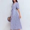 Double Cloth Puff Sleeve Dress Blue Ivory Stripe Double Cloth Puff Sleeve Dress Blue Ivory Stripe
