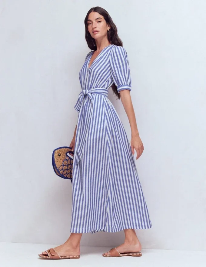 Double Cloth Puff Sleeve Dress Blue Ivory Stripe Double Cloth Puff Sleeve Dress Blue Ivory Stripe