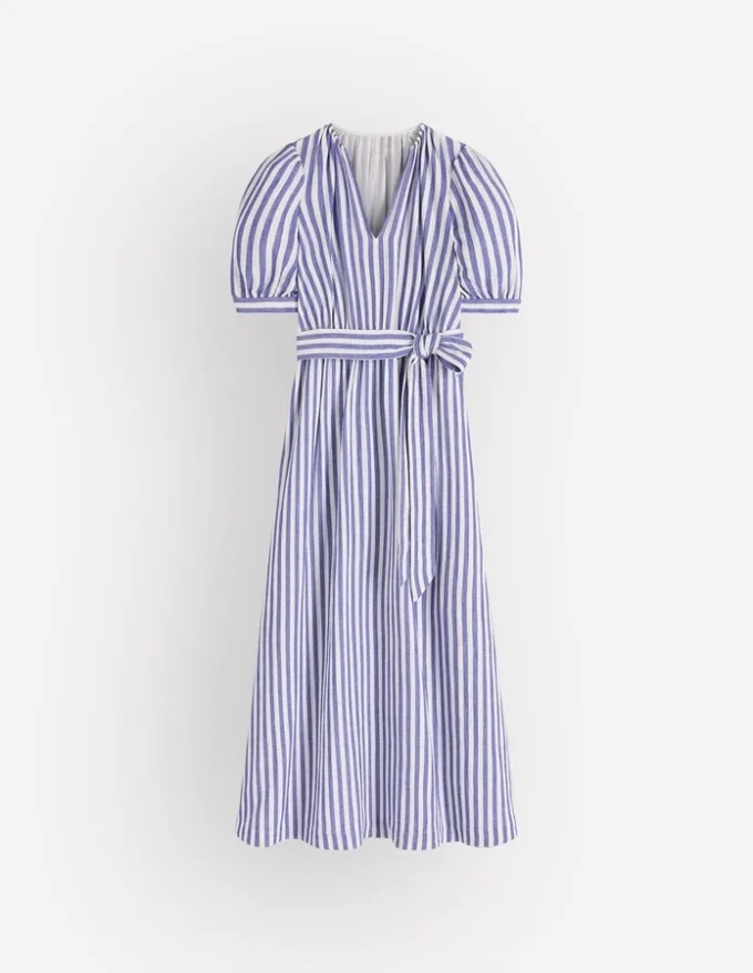 Double Cloth Puff Sleeve Dress Blue Ivory Stripe Double Cloth Puff Sleeve Dress Blue Ivory Stripe
