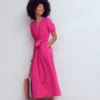 Double Cloth Puff Sleeve Dress Bright Pink Double Cloth Puff Sleeve Dress Bright Pink