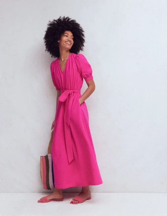 Double Cloth Puff Sleeve Dress Bright Pink Double Cloth Puff Sleeve Dress Bright Pink
