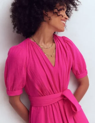 Double Cloth Puff Sleeve Dress Bright Pink