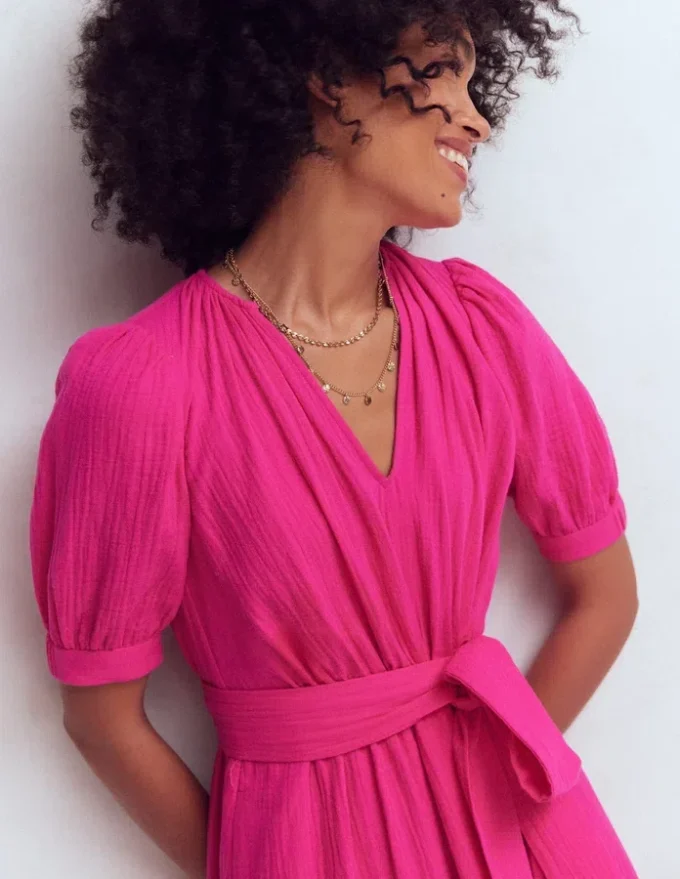 Double Cloth Puff Sleeve Dress Bright Pink Double Cloth Puff Sleeve Dress Bright Pink