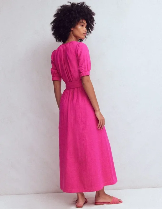 Double Cloth Puff Sleeve Dress Bright Pink Double Cloth Puff Sleeve Dress Bright Pink