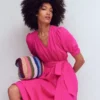 Double Cloth Puff Sleeve Dress Bright Pink Double Cloth Puff Sleeve Dress Bright Pink