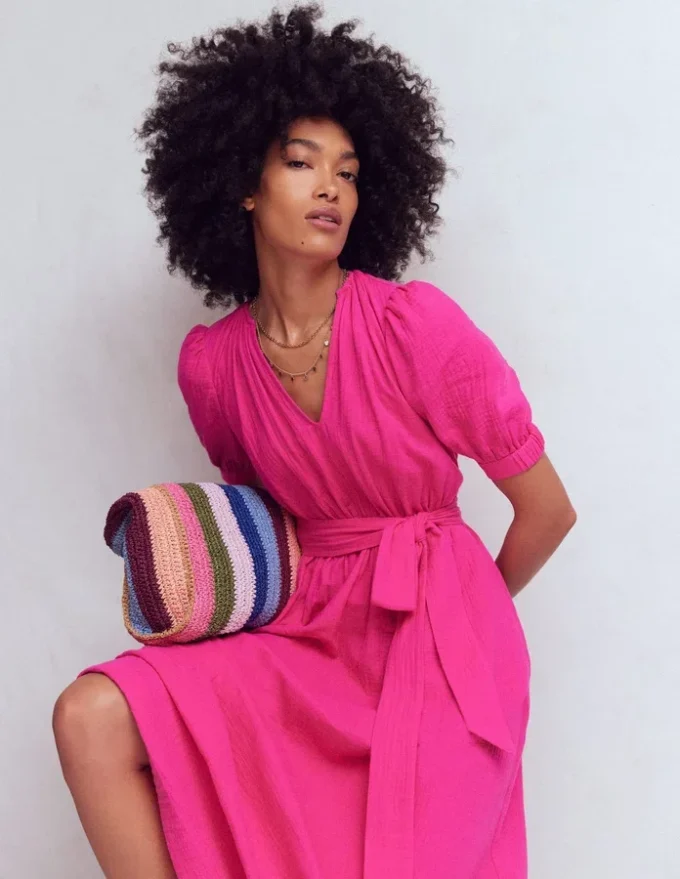 Double Cloth Puff Sleeve Dress Bright Pink Double Cloth Puff Sleeve Dress Bright Pink