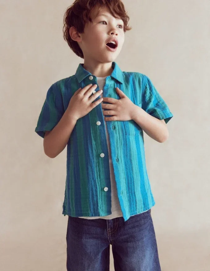 Double Cloth Shirt Green and Blue Stripe