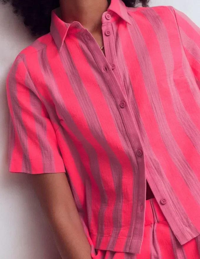 Double Cloth Shirt Pink, Neon Coral Mid Stripe Double Cloth Shirt Pink, Neon Coral Mid Stripe