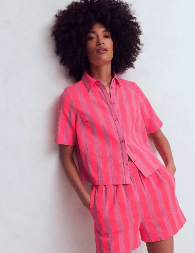 Double Cloth Shirt Pink, Neon Coral Mid Stripe Double Cloth Shirt Pink, Neon Coral Mid Stripe