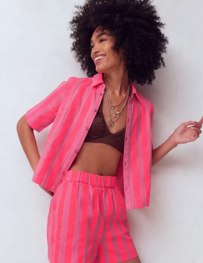Double Cloth Shirt Pink, Neon Coral Mid Stripe Double Cloth Shirt Pink, Neon Coral Mid Stripe