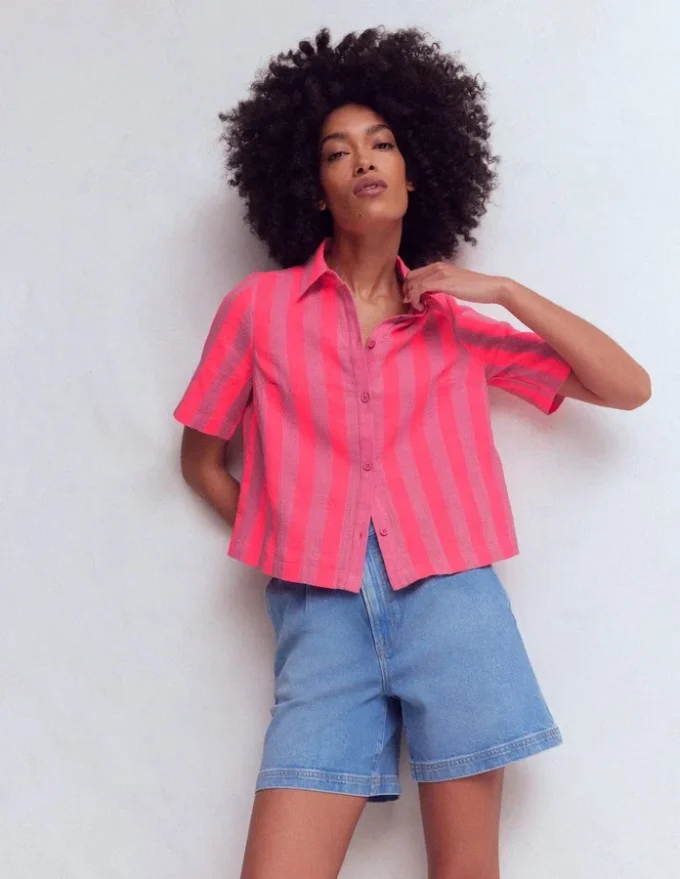 Double Cloth Shirt Pink, Neon Coral Mid Stripe Double Cloth Shirt Pink, Neon Coral Mid Stripe
