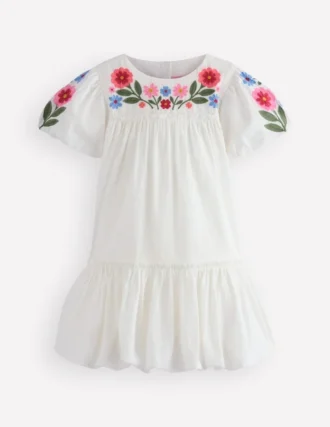 Drop Waist Bubble Dress Soft Ivory Embroidery