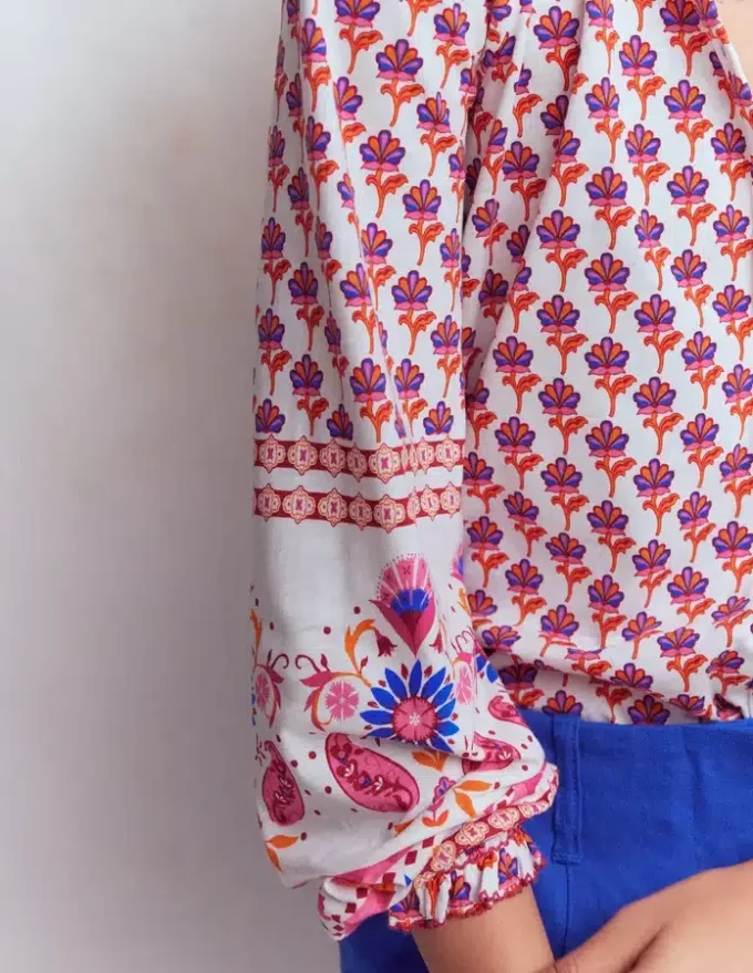 Effie Smocked Detail Shirt Multi, Meadow Stamp Placement Effie Smocked Detail Shirt Multi, Meadow Stamp Placement